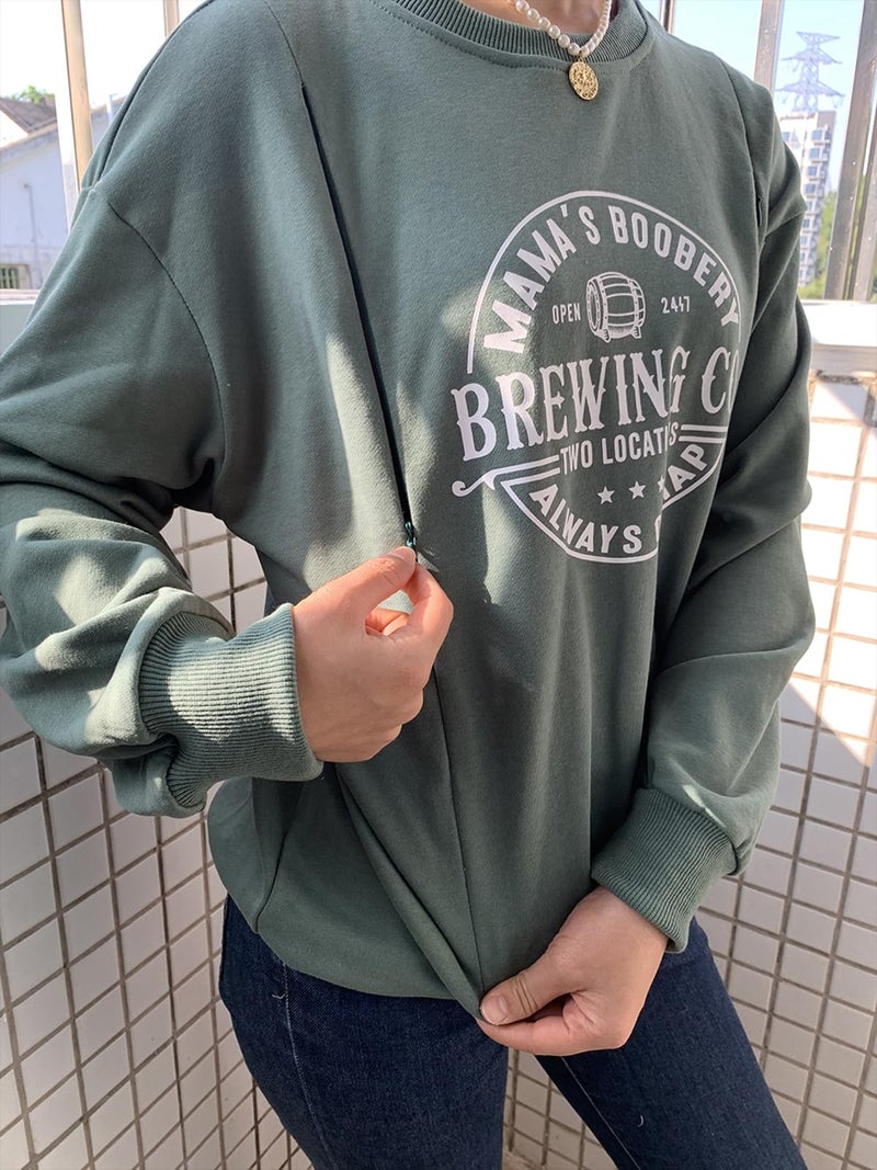 AEARGIV Women Causal Maternity Nursing Sweatshirt Comfort Friendly Zip Breastfeeding Pullover Tops Mama's Boobery Sweater(M, Green) - Image 2