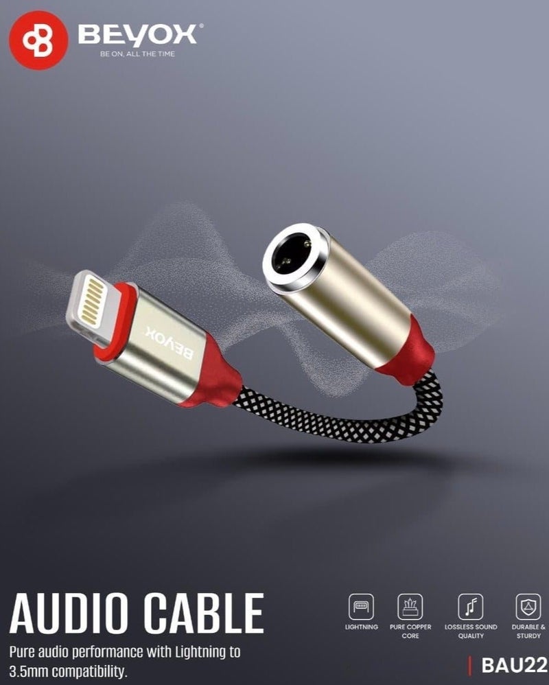 BEYOX BAU22 Lightning to 3.5mm Audio Cable Adapter for iPhone, Braided AUX Cable with Pure Copper Core, Lossless Sound, Durable Headphone & Car Audio Connector - Image 1