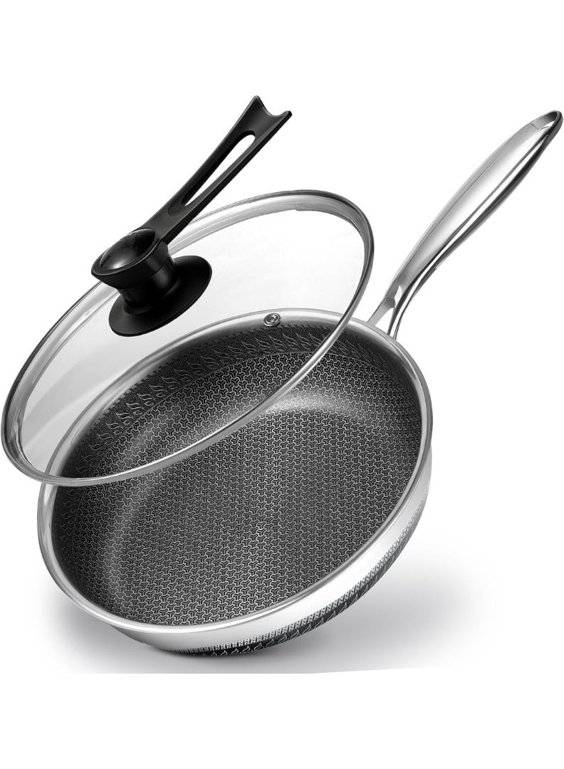 M.A&F's Frying Pan Nonstick with Lid, 28CM Deep Stainless Steel Cookware Sauté Pan Skillet, Pan with Handle, Honeycomb Cooking Pot Dishwasher Safe, Wok Pan Compatible with All Cooktops - Image 1