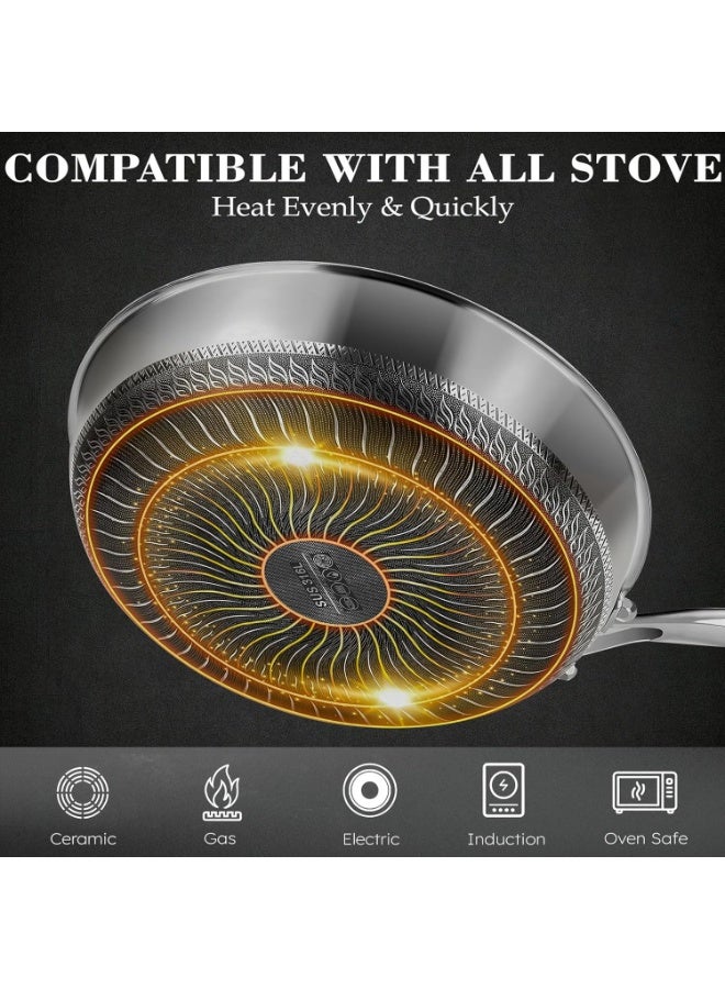 M.A&F's Frying Pan Nonstick with Lid, 28CM Deep Stainless Steel Cookware Sauté Pan Skillet, Pan with Handle, Honeycomb Cooking Pot Dishwasher Safe, Wok Pan Compatible with All Cooktops - Image 3