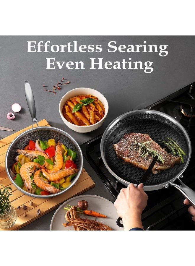 M.A&F's Frying Pan Nonstick with Lid, 28CM Deep Stainless Steel Cookware Sauté Pan Skillet, Pan with Handle, Honeycomb Cooking Pot Dishwasher Safe, Wok Pan Compatible with All Cooktops - Image 4