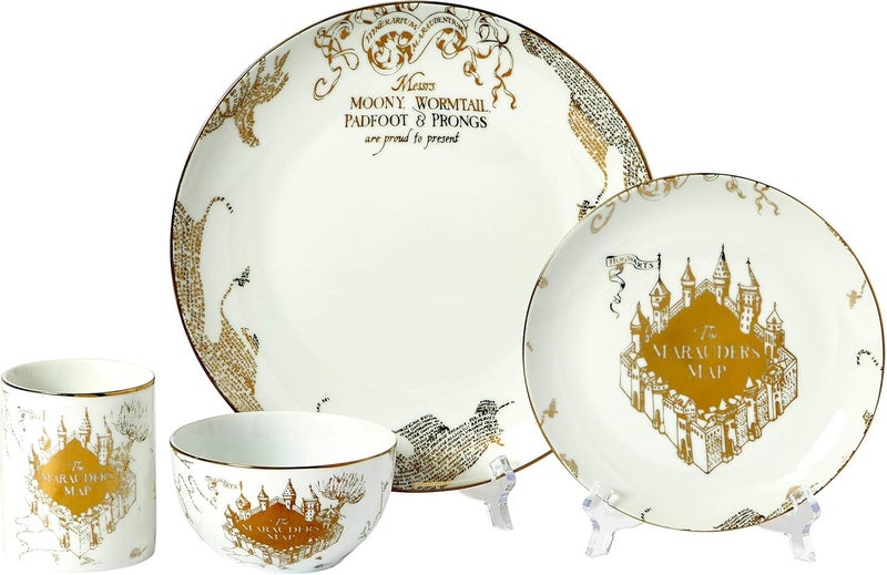 Harry Potter Marauders Map Porcelain 16Piece Set  Includes 4 Dinner  4 Salad Plates 4 Bowls And 4 Mugs  Quality White Dishware With Elegant Golden Design  Makes Muggle  Wizard Meals Magical - Image 1
