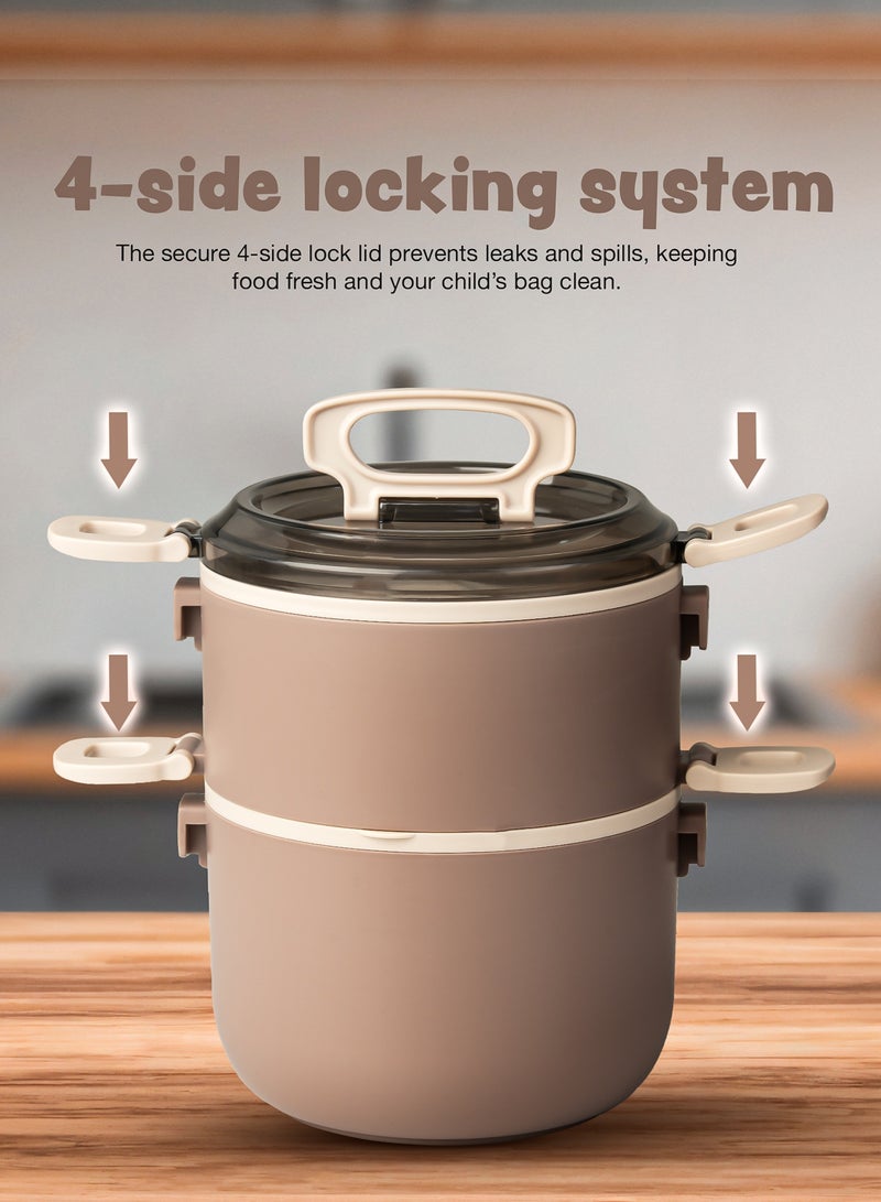 BAYBEE 2000ml Stainless Steel Insulated Lunchbox – Double-Wall Thermos Bento Box with Reusable Spoon, Microwave-Safe – for Adults & Kids (Brown) - Image 4