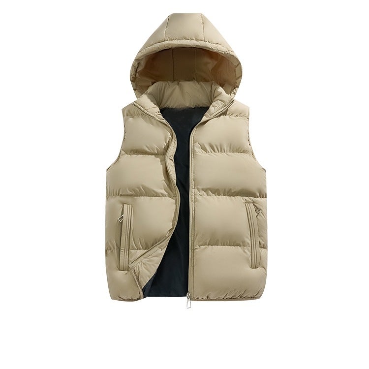 Vest Khaki Color Autumn/winter Men's Detachable Hooded Warm Loose Fit Solid Color Shoulder-length