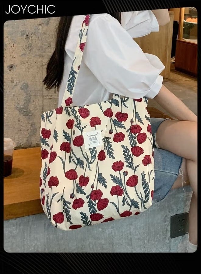 Joychic حقيبة كتف قماشية مزخرفة بنمط الزهور بسعة كبيرة للنساء، حقيبة يد لطيفة للطلاب، حقيبة توت محمولة للاستخدام اليومي في المدرسة - Image 1