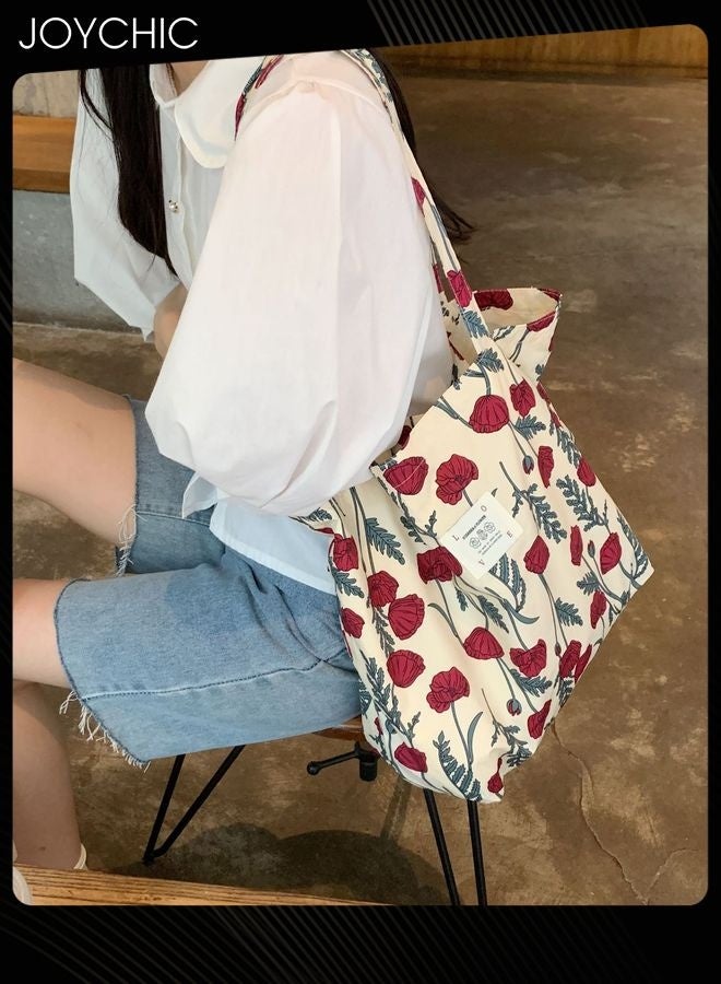 Joychic حقيبة كتف قماشية مزخرفة بنمط الزهور بسعة كبيرة للنساء، حقيبة يد لطيفة للطلاب، حقيبة توت محمولة للاستخدام اليومي في المدرسة - Image 3