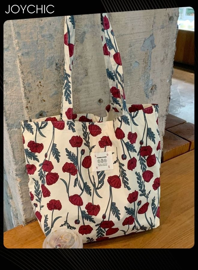 Joychic حقيبة كتف قماشية مزخرفة بنمط الزهور بسعة كبيرة للنساء، حقيبة يد لطيفة للطلاب، حقيبة توت محمولة للاستخدام اليومي في المدرسة - Image 5
