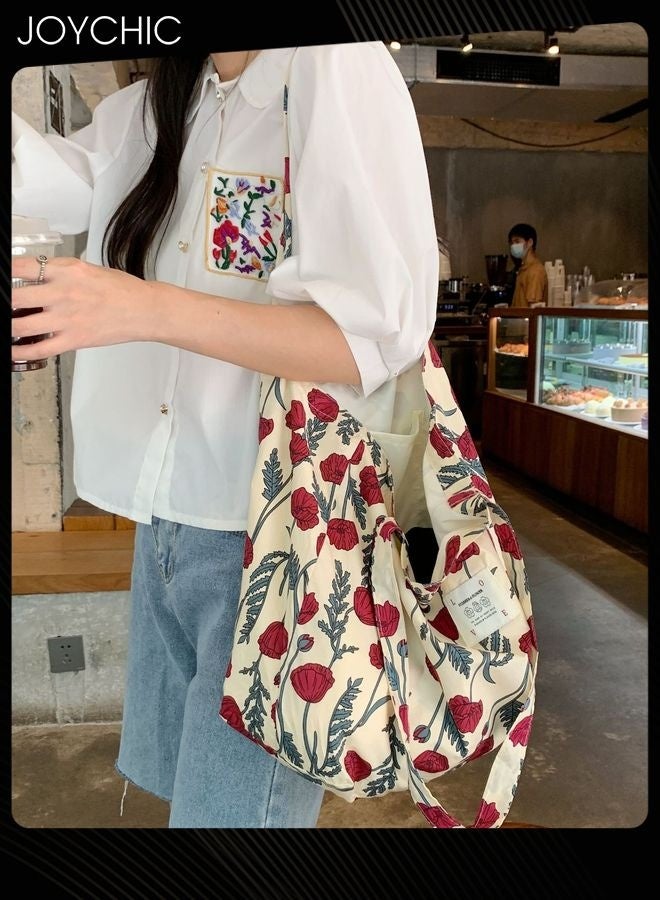 Joychic حقيبة كتف قماشية مزخرفة بنمط الزهور بسعة كبيرة للنساء، حقيبة يد لطيفة للطلاب، حقيبة توت محمولة للاستخدام اليومي في المدرسة - Image 4