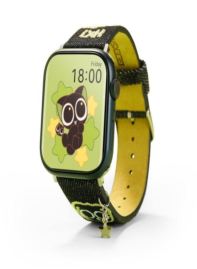 GeekShare سوار ساعة GeekShare Luo Xiao Hei الأصلي المرخص لمغامرات مراقبة النجوم، متوافق مع ساعة Apple Watch - سوار من قماش الدنيم باللونين الأسود والأخضر مع تطريز لطيف وسلسلة نجوم لساعة iWatch مقاس 38/40/41 مم (مقاس صغير) - Image 1