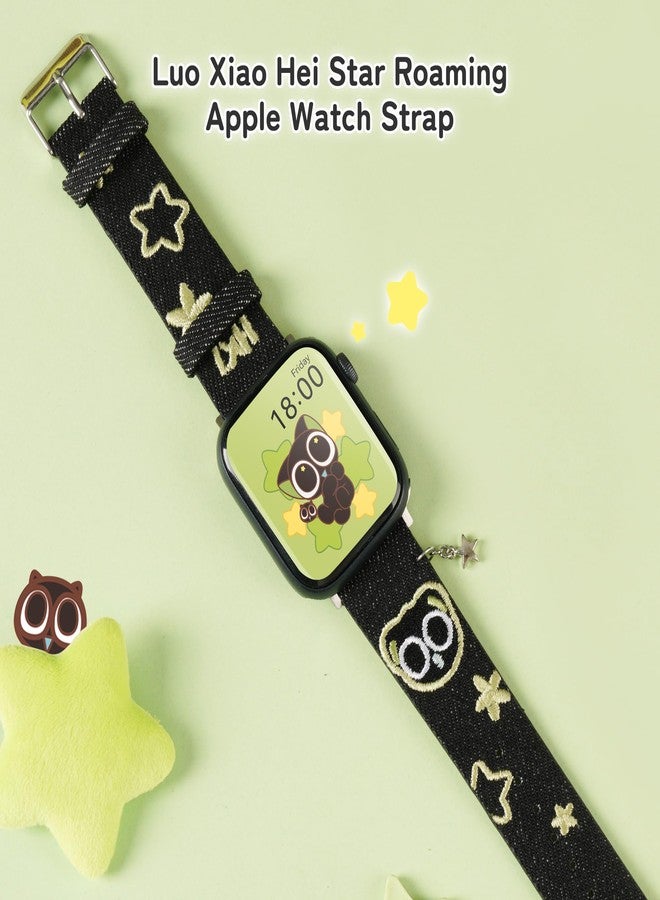 GeekShare سوار ساعة GeekShare Luo Xiao Hei الأصلي المرخص لمغامرات مراقبة النجوم، متوافق مع ساعة Apple Watch - سوار من قماش الدنيم باللونين الأسود والأخضر مع تطريز لطيف وسلسلة نجوم لساعة iWatch مقاس 38/40/41 مم (مقاس صغير) - Image 2