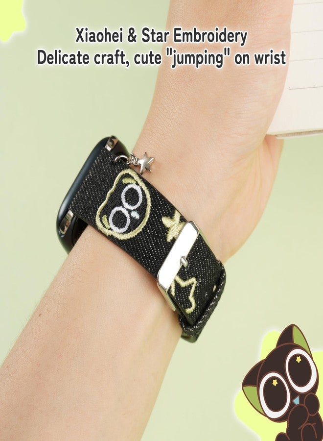 GeekShare سوار ساعة GeekShare Luo Xiao Hei الأصلي المرخص لمغامرات مراقبة النجوم، متوافق مع ساعة Apple Watch - سوار من قماش الدنيم باللونين الأسود والأخضر مع تطريز لطيف وسلسلة نجوم لساعة iWatch مقاس 38/40/41 مم (مقاس صغير) - Image 4