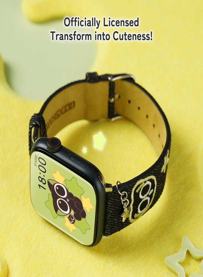 GeekShare سوار ساعة GeekShare Luo Xiao Hei الأصلي المرخص لمغامرات مراقبة النجوم، متوافق مع ساعة Apple Watch - سوار من قماش الدنيم باللونين الأسود والأخضر مع تطريز لطيف وسلسلة نجوم لساعة iWatch مقاس 38/40/41 مم (مقاس صغير) - Image 3