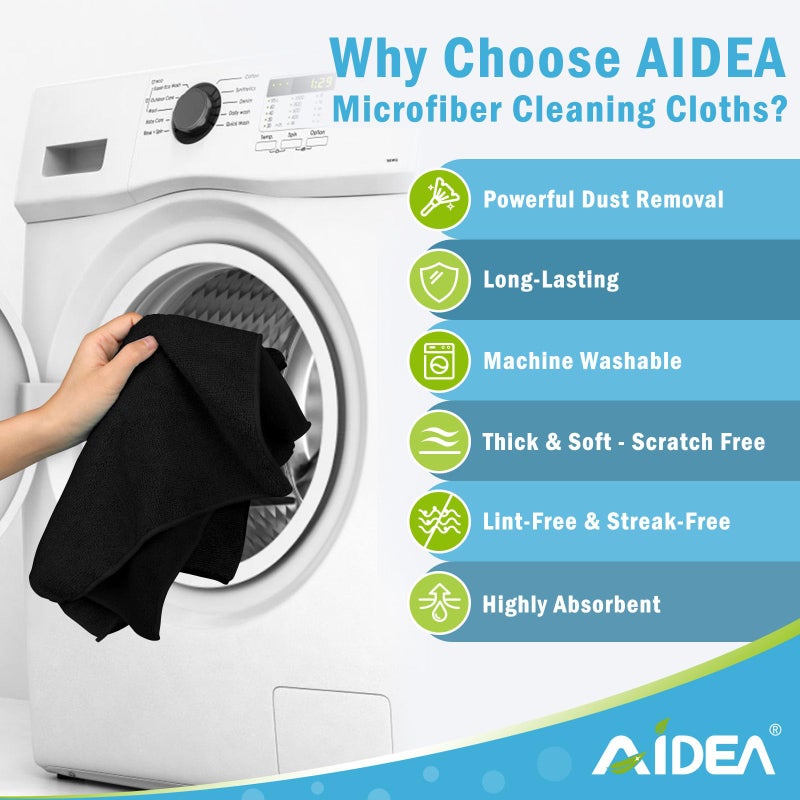 AIDEA Microfiber Cleaning Cloth-12PK, Soft Microfiber Towels for Cars, Absorbent Cleaning Rags, Lint-Free Streak-Free Wash Cloths for House, Kitchen, Window(12in.x12in), Black - Image 3