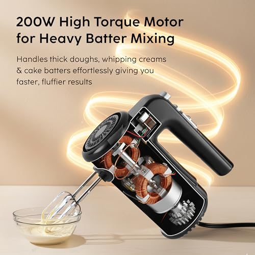Glen Electric Hand Mixer With Detachable Beater & Dough Kneader Hook|For Quick Mixing, Whisking, Whipping Cream, Cake & Eggs|200W|Safety Eject Feature, 5 Speed Setting, Turbo mode - Black/Grey - Image 3
