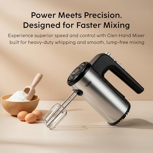 Glen Electric Hand Mixer With Detachable Beater & Dough Kneader Hook|For Quick Mixing, Whisking, Whipping Cream, Cake & Eggs|200W|Safety Eject Feature, 5 Speed Setting, Turbo mode - Black/Grey - Image 2