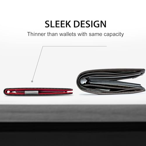 GSOIAX Mens Slim RFID Blocking Leather Wallet with Money Clip Minimalist Carbon Fiber Bifold Credit Card Holder 11 Card Slots Gift Box IncludedLeather red - Image 3