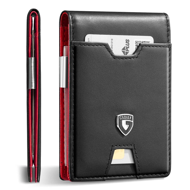 GSOIAX Mens Slim RFID Blocking Leather Wallet with Money Clip Minimalist Carbon Fiber Bifold Credit Card Holder 11 Card Slots Gift Box IncludedLeather red - Image 2