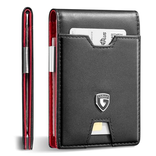 GSOIAX Mens Slim RFID Blocking Leather Wallet with Money Clip Minimalist Carbon Fiber Bifold Credit Card Holder 11 Card Slots Gift Box IncludedLeather red - Image 1