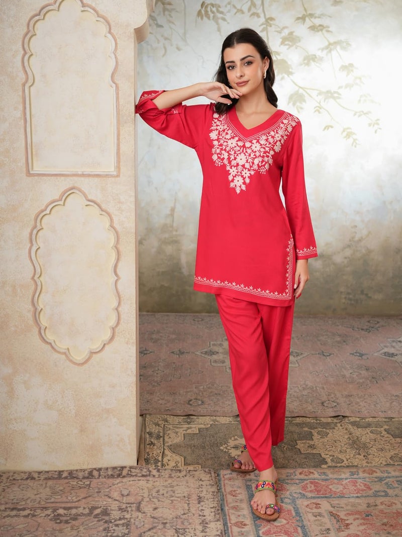QAZMI Women's Kashmiri Aari Work Red CoOrd Set_M - Image 5