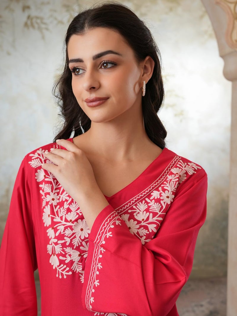 QAZMI Women's Kashmiri Aari Work Red CoOrd Set_M - Image 4