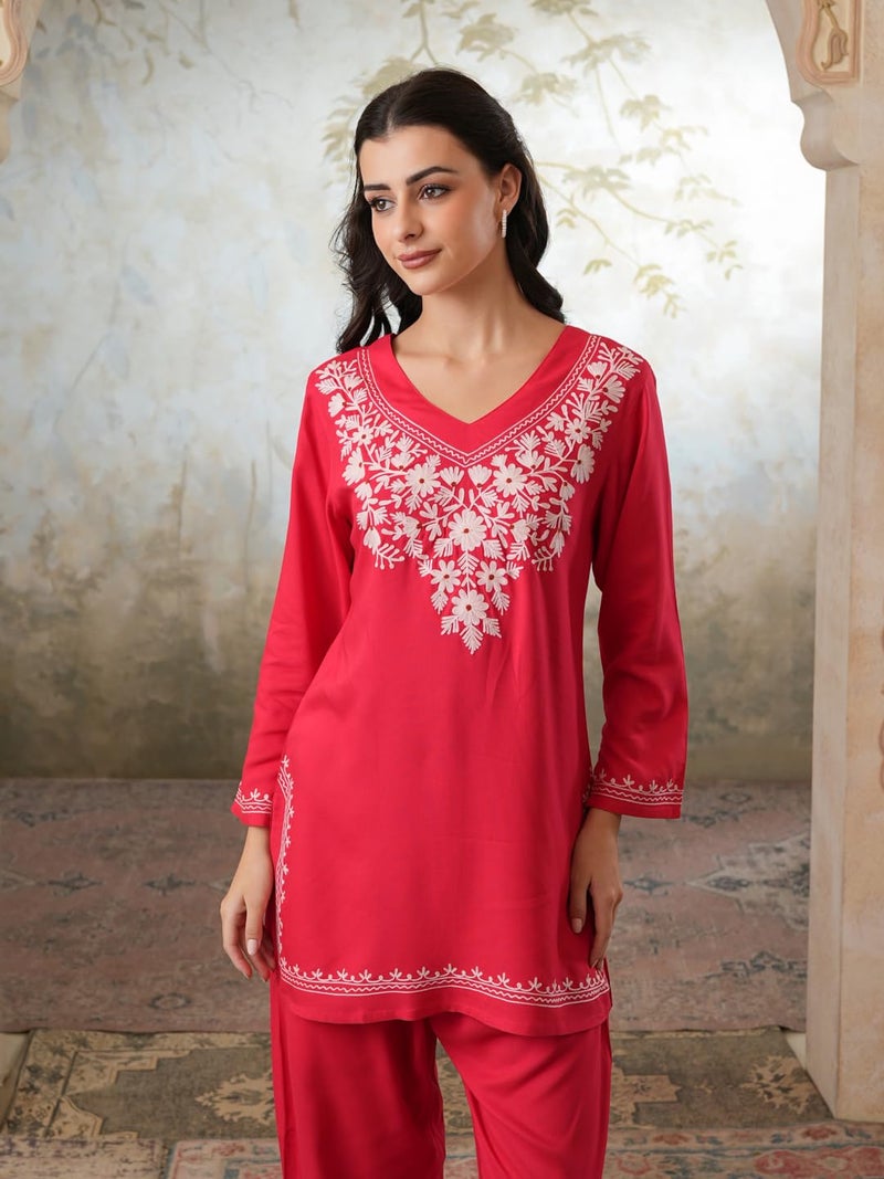 QAZMI Women's Kashmiri Aari Work Red CoOrd Set_M - Image 2