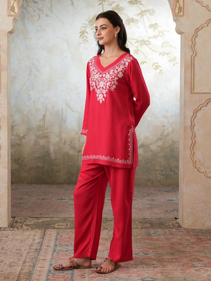 QAZMI Women's Kashmiri Aari Work Red CoOrd Set_M - Image 3