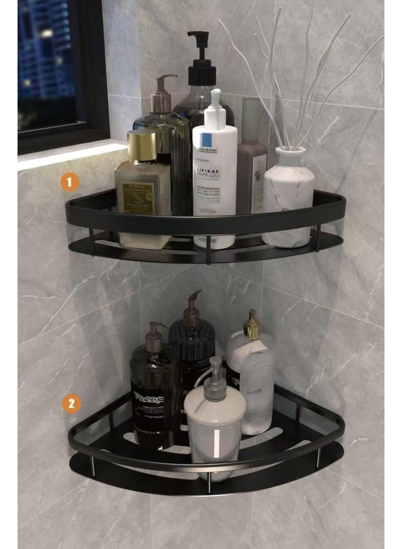 تدفق المياه ستريم فلو رف حمّام، عبوة من قطعتين، منظم حمّام/سلة دش، بدون حفر، مصنوع من الألمنيوم خفيف الوزن، رفوف حمّام لاصقة ذاتية، تُثبت على الحائط، رف زاوية للدش - Image 1