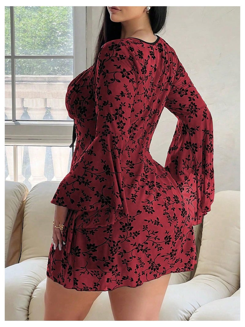 Floerns Women's Plus Size Floral Gothic Dress Flare Long Sleeve Mesh Grunge A Line Dress Burgundy 3X-Large Plus - Image 3