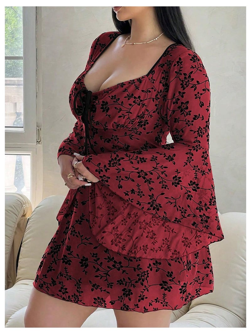 Floerns Women's Plus Size Floral Gothic Dress Flare Long Sleeve Mesh Grunge A Line Dress Burgundy 3X-Large Plus - Image 2