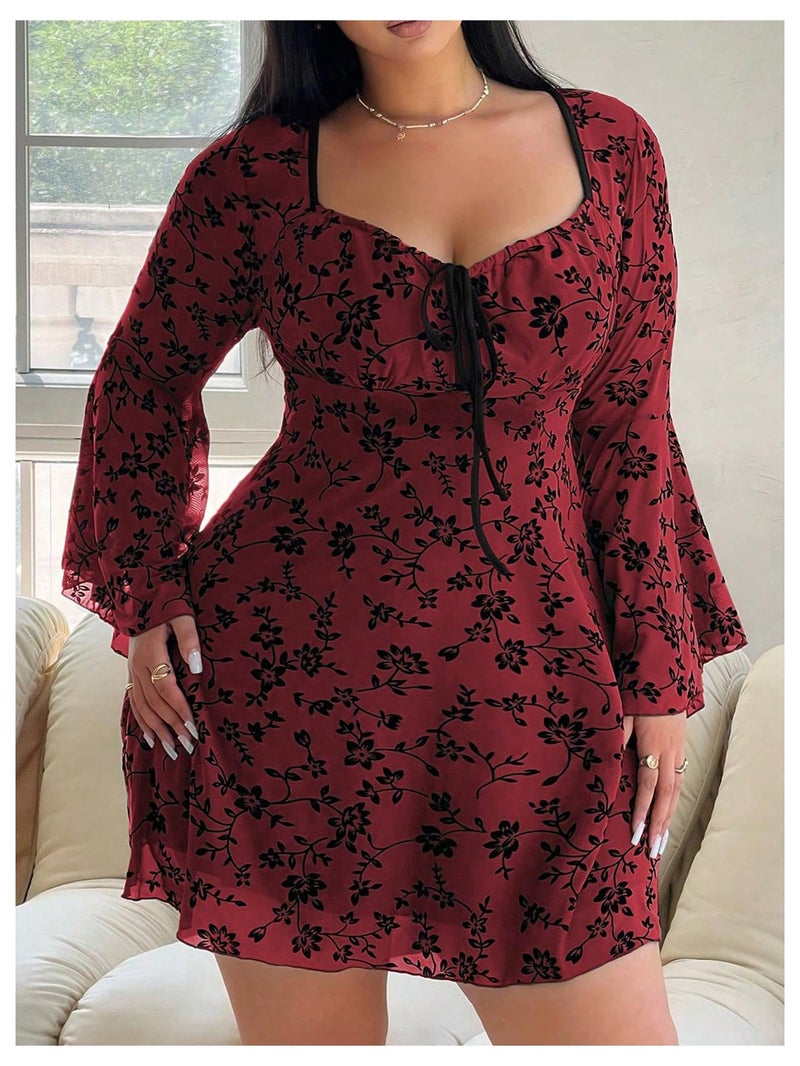 Floerns Women's Plus Size Floral Gothic Dress Flare Long Sleeve Mesh Grunge A Line Dress Burgundy 3X-Large Plus - Image 4