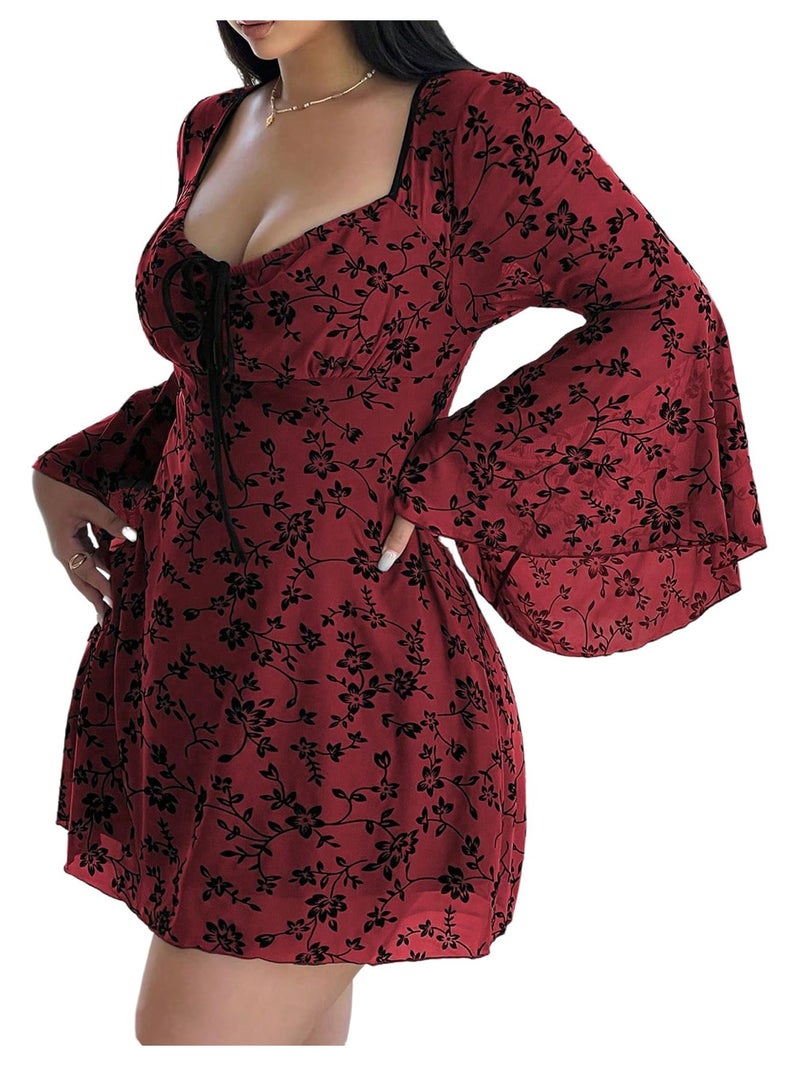Floerns Women's Plus Size Floral Gothic Dress Flare Long Sleeve Mesh Grunge A Line Dress Burgundy 3X-Large Plus - Image 1