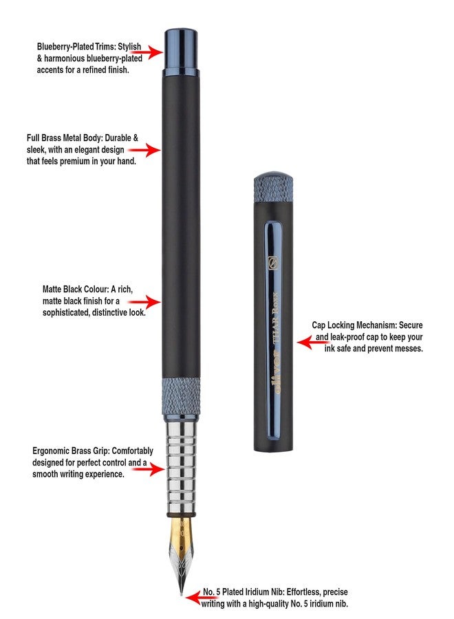 Oliver Thar Roxx Matte & Shine Fountain Pen – Matte Black/Blueberry Trims, Full Brass Body, 0.6mm Cardinal Refill, Gift T Box - Image 3