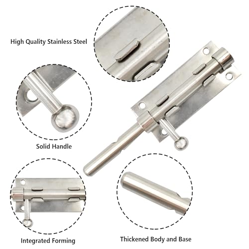 AUXBC 7.9 Inch Sliding Bolt Gate Latch, Stainless Steel Slide Barrel Bolt Latch, Heavy Duty Security Bolt Door Lock Slide Latch for Home Garden Warehouse Garage Door, Silver - Image 4