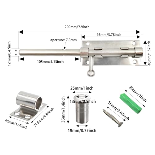 AUXBC 7.9 Inch Sliding Bolt Gate Latch, Stainless Steel Slide Barrel Bolt Latch, Heavy Duty Security Bolt Door Lock Slide Latch for Home Garden Warehouse Garage Door, Silver - Image 2