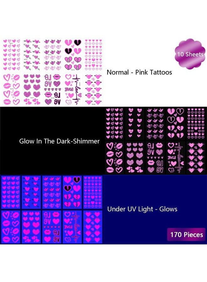 Maripabon UV Neon Temporary Tattoos 170 Pieces Pink Heart Shaped Shimmer Designs Love Glow In The Dark Tattoos Stickers Flash Fake Waterproof Tattoos for Women Men Girls Body Face Art - Image 5