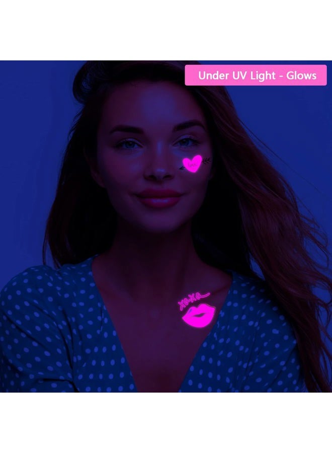 Maripabon UV Neon Temporary Tattoos 170 Pieces Pink Heart Shaped Shimmer Designs Love Glow In The Dark Tattoos Stickers Flash Fake Waterproof Tattoos for Women Men Girls Body Face Art - Image 3