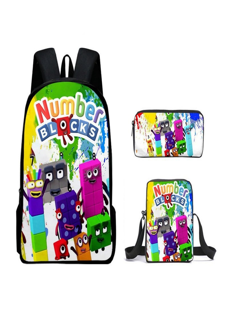 NumberBlocks Children Backpack Schoolbag Teen Student School Book bag with Lunch Box Pen Case 3 in 1 for Kids