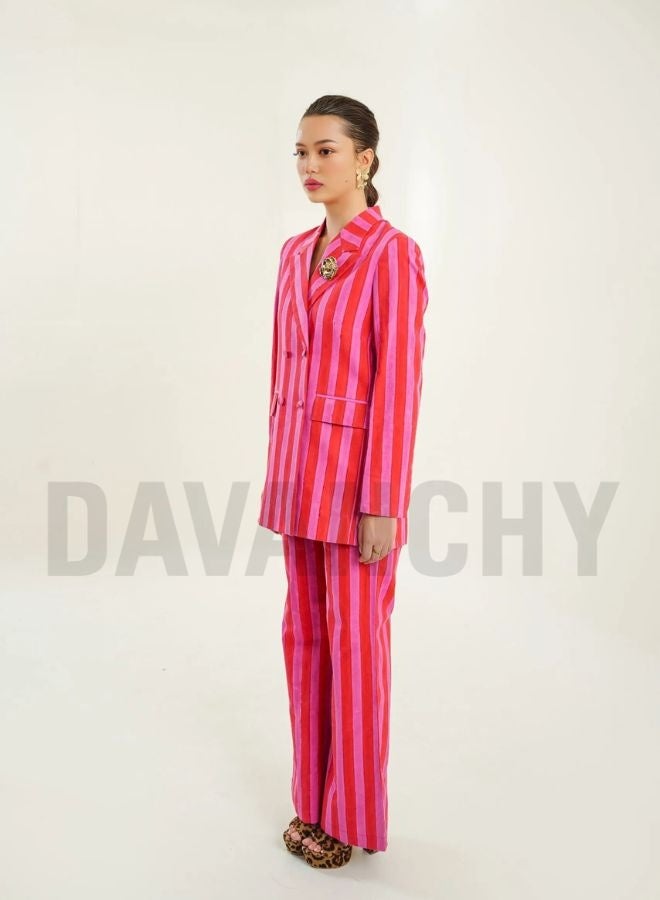 DAVANCHY Women Premium Pink & Red Striped Co-Ord Set Trendy Comfortable Office Wear Outfit Dinner Wear Party Wear Cotton Two Piece Set - Image 3