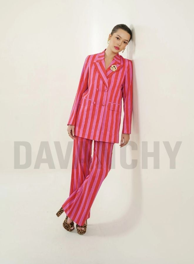DAVANCHY Women Premium Pink & Red Striped Co-Ord Set Trendy Comfortable Office Wear Outfit Dinner Wear Party Wear Cotton Two Piece Set - Image 4