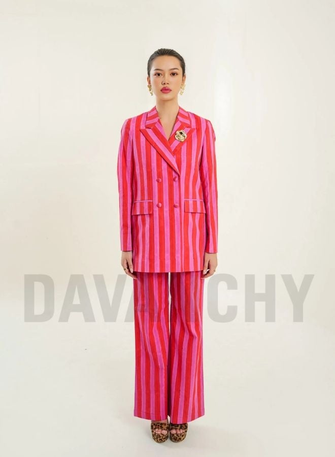 DAVANCHY Women Premium Pink & Red Striped Co-Ord Set Trendy Comfortable Office Wear Outfit Dinner Wear Party Wear Cotton Two Piece Set - Image 1