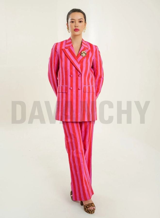 DAVANCHY Women Premium Pink & Red Striped Co-Ord Set Trendy Comfortable Office Wear Outfit Dinner Wear Party Wear Cotton Two Piece Set - Image 2