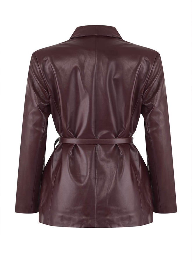 trendyol Burgundy Belted Faux Leather Blazer Jacket - Image 5
