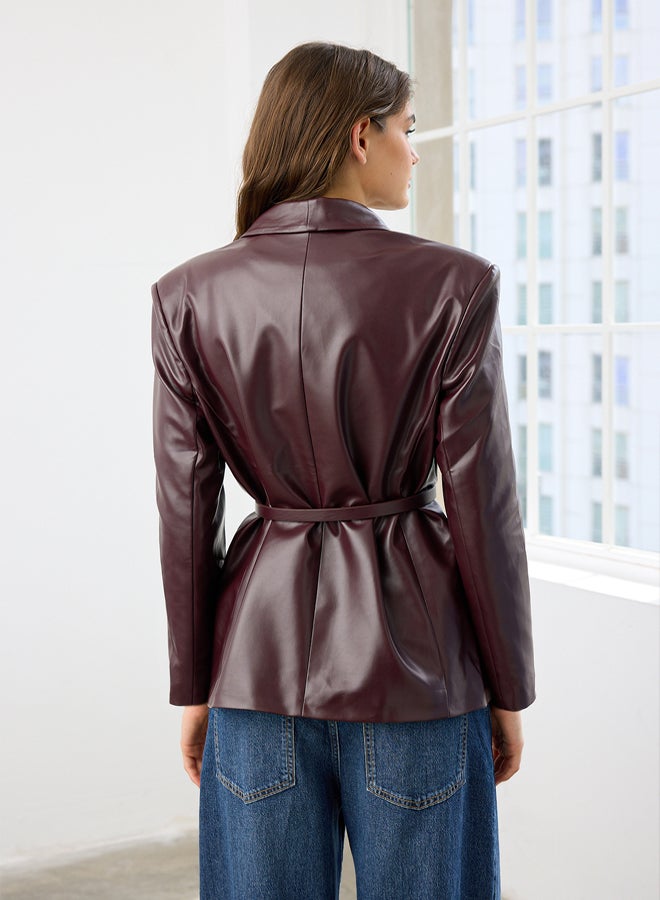 trendyol Burgundy Belted Faux Leather Blazer Jacket - Image 4