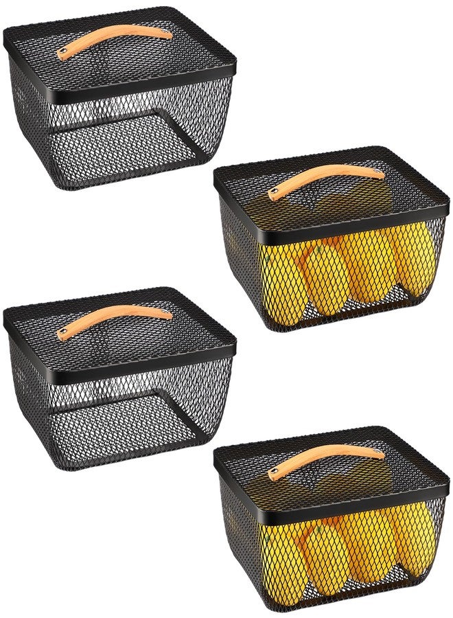Tandefio 4 Pcs Metal Mesh Basket with Lid and Wooden Handle 9.65 x 7.68 Inch Wire Storage Basket Garden Baskets Organizer Containers for Vegetable Fruit Picnic Kitchen Bathroom(Black) - Image 1