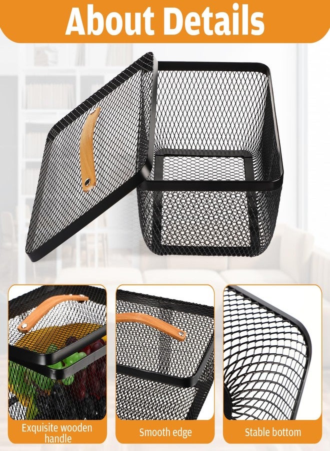 Tandefio 4 Pcs Metal Mesh Basket with Lid and Wooden Handle 9.65 x 7.68 Inch Wire Storage Basket Garden Baskets Organizer Containers for Vegetable Fruit Picnic Kitchen Bathroom(Black) - Image 5