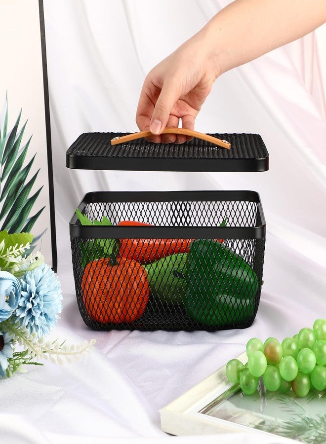 Tandefio 4 Pcs Metal Mesh Basket with Lid and Wooden Handle 9.65 x 7.68 Inch Wire Storage Basket Garden Baskets Organizer Containers for Vegetable Fruit Picnic Kitchen Bathroom(Black) - Image 4
