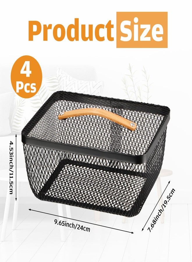 Tandefio 4 Pcs Metal Mesh Basket with Lid and Wooden Handle 9.65 x 7.68 Inch Wire Storage Basket Garden Baskets Organizer Containers for Vegetable Fruit Picnic Kitchen Bathroom(Black) - Image 2