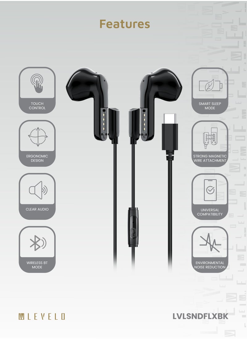 LEVELO Soundflex 2 in 1 TWS & Wired Earphones with Touch Control & Clear Audio / Strong Magnetic Wire Attachment / Environmental Noise Reduction / Universal Compatibility / Wireless and Wired Headphones - Black  - Image 2
