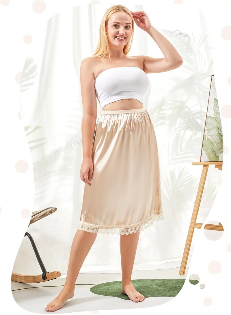3 Pieces Women's Satin Half Slip for Under Dresses 3 Kinds of Length, Half Slips for Women Underskirt Short Long Skirt with Floral Lace Trim Lace Patchwork Lining Skirt (19/27/35Inch, champagne color) - Image 3