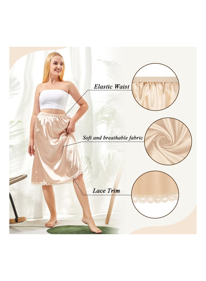 3 Pieces Women's Satin Half Slip for Under Dresses 3 Kinds of Length, Half Slips for Women Underskirt Short Long Skirt with Floral Lace Trim Lace Patchwork Lining Skirt (19/27/35Inch, champagne color) - Image 4